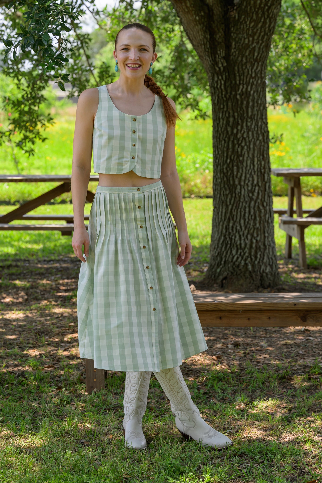 MASON'S DAUGHTER Andrea Skirt, Green/Ivory Shantung Gingham